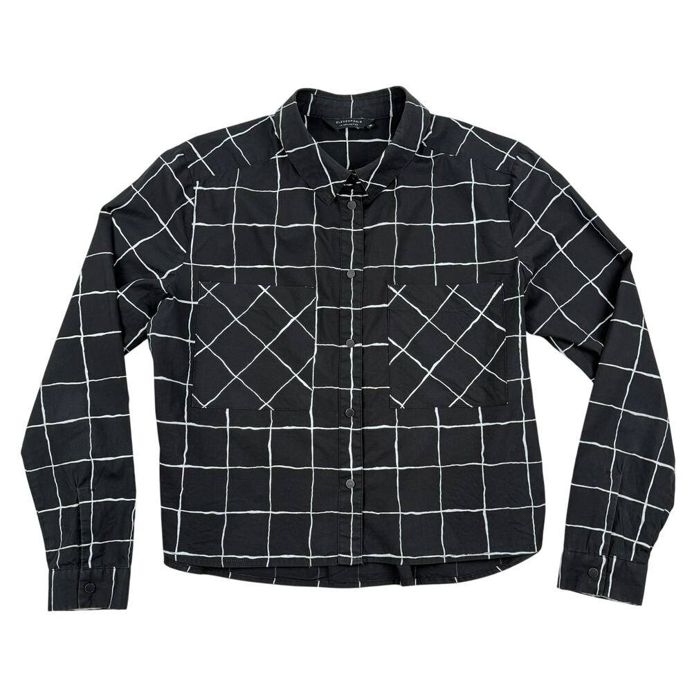 ElevenParis Grid Print Button Down Shirt Cropped Black White Womens 36 Cotton